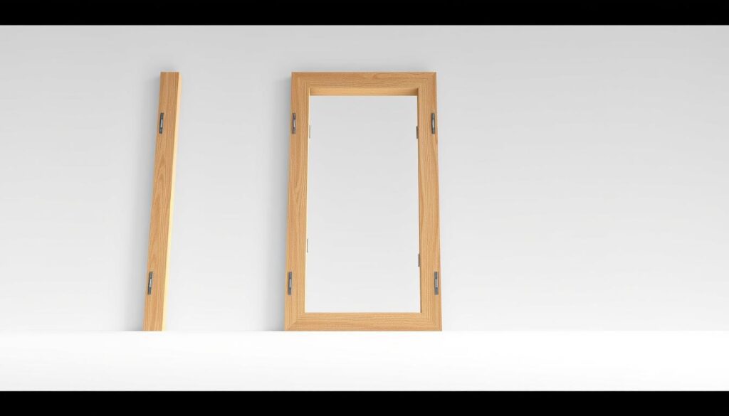 Detailed architectural rendering of a customizable door frame with adjustable jamb, showcasing the intricate interior framing and hardware. Crisp, high-resolution image with a warm, natural lighting that highlights the smooth, wood-grain texture of the frame. Precise angles and perspectives to clearly illustrate the adjustable features and dimensions of the 80cm door opening. Minimalist, clean background that allows the craftsmanship of the doorframe to be the central focus. Technical, yet visually appealing image that would suit an informative article on optimizing door installations.