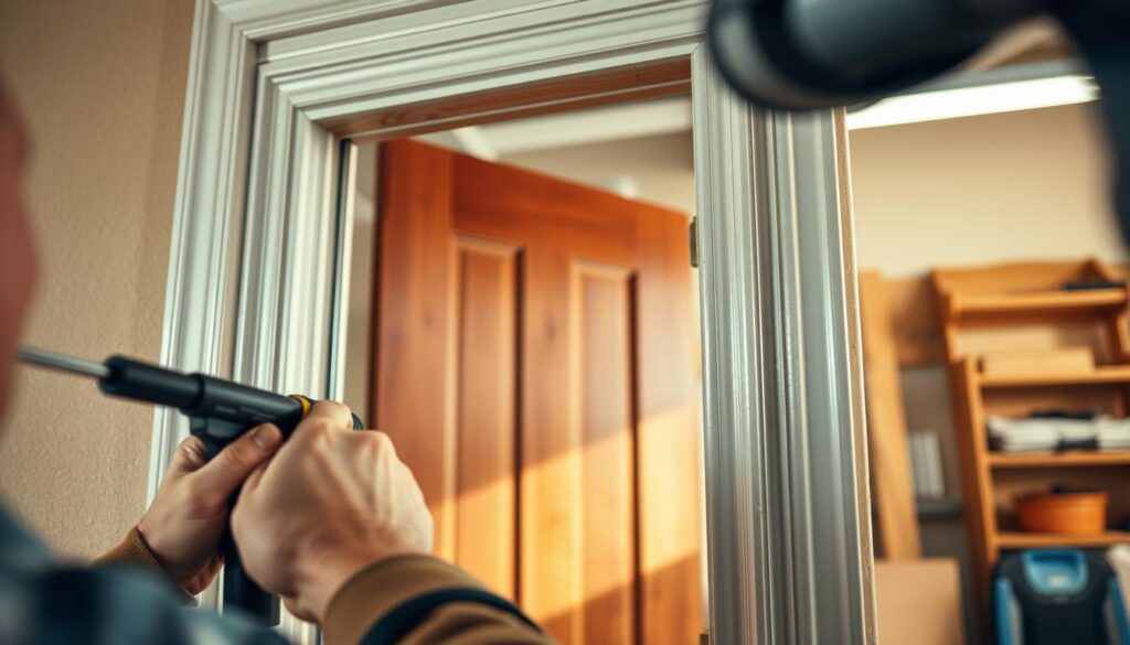 Detailed close-up of a professional installation of an exterior door. The foreground showcases the intricate process of properly aligning and securing the door frame, with skilled hands working with precision tools. The middle ground reveals the door itself, a high-quality wooden or composite design with a modern aesthetic. The background depicts a well-lit and organized workshop setting, hinting at the expertise and care taken in this specialized home improvement task. Warm, natural lighting illuminates the scene, emphasizing the craftsmanship and attention to detail. The overall mood conveys a sense of diligence, expertise, and the fulfillment of a successful home project.