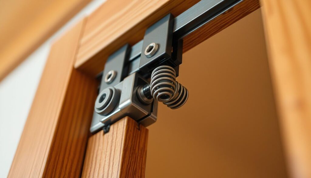 Detailed close-up of a sliding door self-closer mechanism, installed on a wooden door frame. The mechanism is made of metal and plastic components, with a spring-loaded mechanism to gently pull the door shut. Warm lighting illuminates the components, highlighting the textures and materials. The scene is shot from a low angle, emphasizing the technical details and functionality of the device. The background is blurred, keeping the focus on the self-closer itself. The overall mood is one of precise engineering and practical home improvement. Detailed close-up of a sliding door self-closer mechanism, installed on a wooden door frame. The mechanism is made of metal and plastic components, with a spring-loaded mechanism to gently pull the door shut. Warm lighting illuminates the components, highlighting the textures and materials. The scene is shot from a low angle, emphasizing the technical details and functionality of the device. The background is blurred, keeping the focus on the self-closer itself. The overall mood is one of precise engineering and practical home improvement.