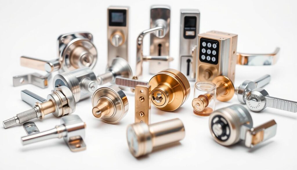 Detailed close-up photograph of various types of door locks and mechanisms, showcased against a clean, minimalist white background. Crisp, high-resolution focus on the intricate components, metal finishes, and locking mechanisms of different door lock designs - including deadbolts, lever handles, and keypad systems. Soft, directional studio lighting to highlight the textures and metallic details. Photographed from a slightly elevated angle to provide a comprehensive overview of the diverse lock options. The image should convey a sense of precision, quality, and the technical expertise involved in door lock engineering.