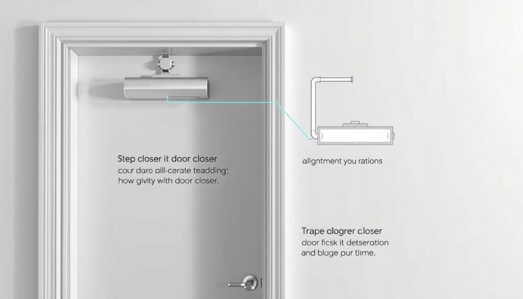 Detailed diagram showcasing the installation of a door closer. The foreground depicts the door frame and surrounding wall, with the door closer mechanism mounted and visible. The middle ground focuses on the step-by-step process of adjusting the door closer, illustrating proper alignment and tension settings. The background provides a clean, neutral environment to highlight the technical nature of the task. Soft, diffused lighting casts subtle shadows, emphasizing the three-dimensional elements. The overall mood is informative and instructional, conveying the importance of a proper door closer installation for a residential or commercial entrance. Detailed diagram showcasing the installation of a door closer. The foreground depicts the door frame and surrounding wall, with the door closer mechanism mounted and visible. The middle ground focuses on the step-by-step process of adjusting the door closer, illustrating proper alignment and tension settings. The background provides a clean, neutral environment to highlight the technical nature of the task. Soft, diffused lighting casts subtle shadows, emphasizing the three-dimensional elements. The overall mood is informative and instructional, conveying the importance of a proper door closer installation for a residential or commercial entrance.