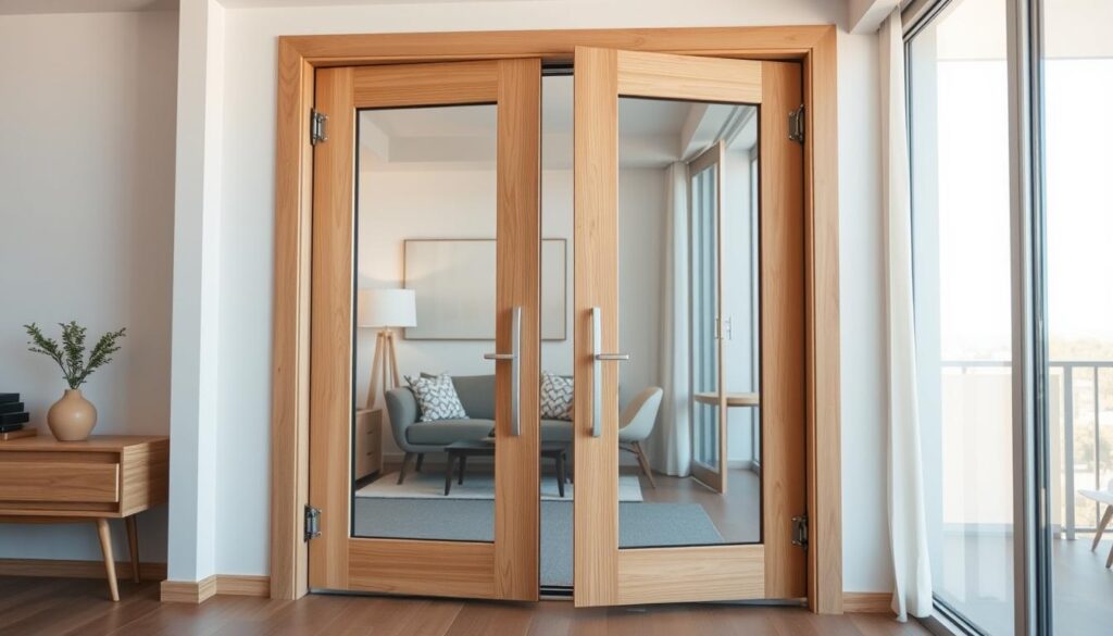 Detailed, high-quality photograph of a pair of two-leaf balcony doors in a modern, minimalist interior setting. The doors are made of sleek, light-colored wood or metal frames with large glass panels. Capture the intricate mechanisms and hardware used for adjusting the door alignment, such as hinges, latch, and rollers. Showcase the doors in an open position, with a slight angle to reveal the inner workings. Bright, natural lighting from a large window or sliding glass door illuminates the scene, creating a warm, inviting atmosphere. The background should feature neutral-toned walls and hints of complementary decor elements to provide context without distracting from the main subject.