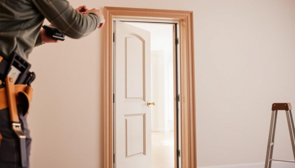 Detailed installation of an exterior door with frame, set against a clean, modern interior. The foreground shows a skilled worker meticulously aligning the door, with tools and materials neatly organized. The middle ground depicts the door's integration into the wall, highlighting the precision of the framing work. The background showcases a bright, well-lit room, emphasizing the seamless transition between the new door and the existing space. Warm, neutral tones create a professional, polished atmosphere, reflecting the care and expertise required for a high-quality exterior door installation.