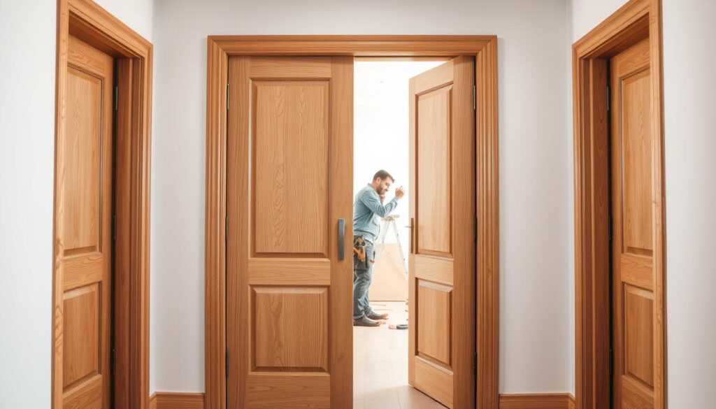 Detailed interior shot of a modern, well-lit room with newly installed wooden doors. The doors are in the foreground, showcasing their natural grain and warm tones. A carpenter in the middle ground is seen working on the installation, using a variety of tools and equipment. The background depicts a clean, uncluttered space, highlighting the seamless integration of the new doors. The lighting is soft and even, creating a sense of depth and professionalism. The overall composition emphasizes the cost and quality considerations involved in the installation process of interior doors.