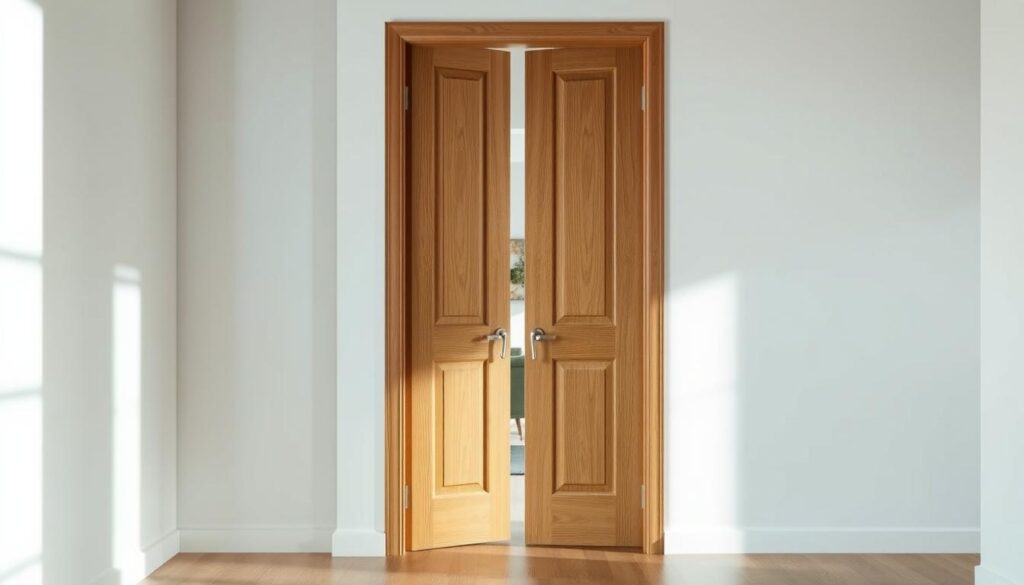 Detailed interior view of a modern entryway, showcasing a pair of wooden doors with a focus on ergonomics and functionality. The doors are situated in a well-lit, minimalist setting, allowing the viewer to appreciate their design elements. The left door is slightly ajar, revealing a glimpse of the room beyond. Soft, indirect lighting casts subtle shadows, accentuating the doors' contours and hardware. The scene conveys a sense of balance, accessibility, and thoughtful spatial planning, reflecting the principles of ergonomic door selection for a comfortable and efficient living environment.