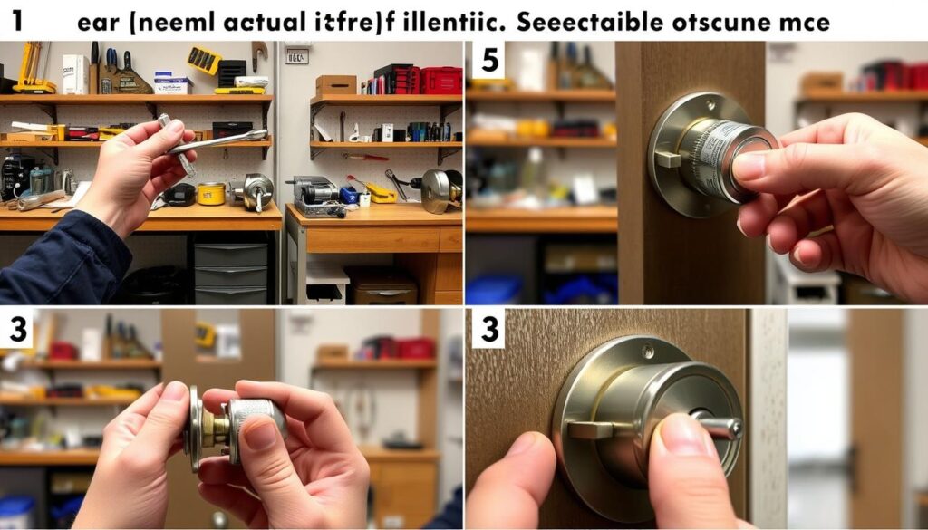Detailed step-by-step tutorial showing the process of replacing a door lock cylinder. Bright, well-lit workshop interior with various tools and equipment on shelves. Close-up shots of the lock mechanism, demonstrating each step - removing the old cylinder, inserting the new one, testing the operation. Slightly warm color palette, clean and organized setting to convey a sense of professionalism and expertise. Crisp, high-resolution images captured at optimal angles to clearly illustrate the entire procedure.