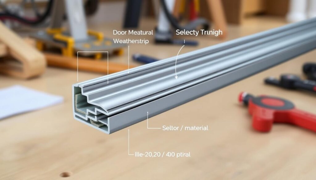 Detailed technical diagram of a door weatherstrip or draft seal, shot from an elevated angle with natural side lighting. The weatherstrip is the central focus, with clear visibility of its cross-section, materials, and dimensions. The background is a neutral, slightly blurred workspace environment with tools and measuring devices, conveying a sense of precision and technical context. The overall mood is one of instructional clarity, highlighting the key elements necessary for accurately measuring and selecting the proper weatherstrip size. Detailed technical diagram of a door weatherstrip or draft seal, shot from an elevated angle with natural side lighting. The weatherstrip is the central focus, with clear visibility of its cross-section, materials, and dimensions. The background is a neutral, slightly blurred workspace environment with tools and measuring devices, conveying a sense of precision and technical context. The overall mood is one of instructional clarity, highlighting the key elements necessary for accurately measuring and selecting the proper weatherstrip size.