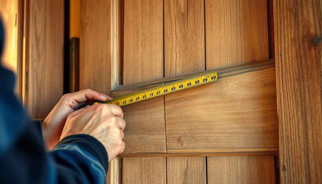Detailed technical measurement of a doorway, showcasing the tools and process. A close-up view of a carpenter's hands using a tape measure and ruler to precisely record the dimensions of an old wooden door frame. Warm, natural lighting illuminates the scene, casting soft shadows that accentuate the textures of the aged materials. The composition emphasizes the importance of accurate measurements when preparing to replace or install a new door. The overall mood is one of focused professionalism and attention to detail.