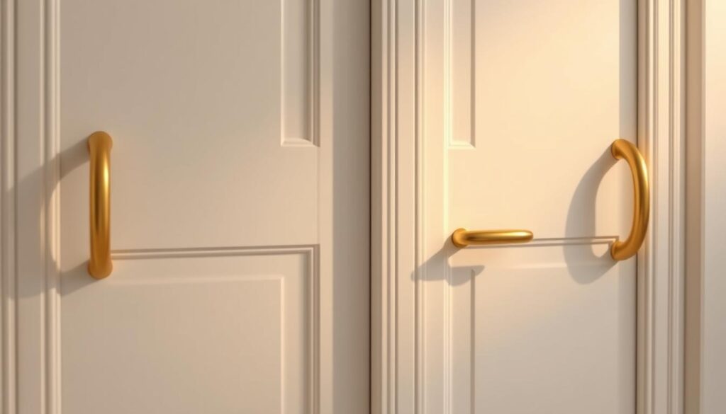 Elegant gold-plated door handles adorning pristine white doors, casting a warm, luxurious glow. The handles' smooth, polished surfaces gleam subtly under soft, even lighting, accentuating their sleek, refined design. The doors stand tall and stately, their unblemished white hue providing a serene, timeless backdrop that allows the golden accents to truly shine. A sense of refined sophistication permeates the scene, evoking feelings of grandeur and exclusivity. The image captures the perfect balance of classic elegance and modern minimalism, making these gold-toned door handles the ideal choice for white doors.