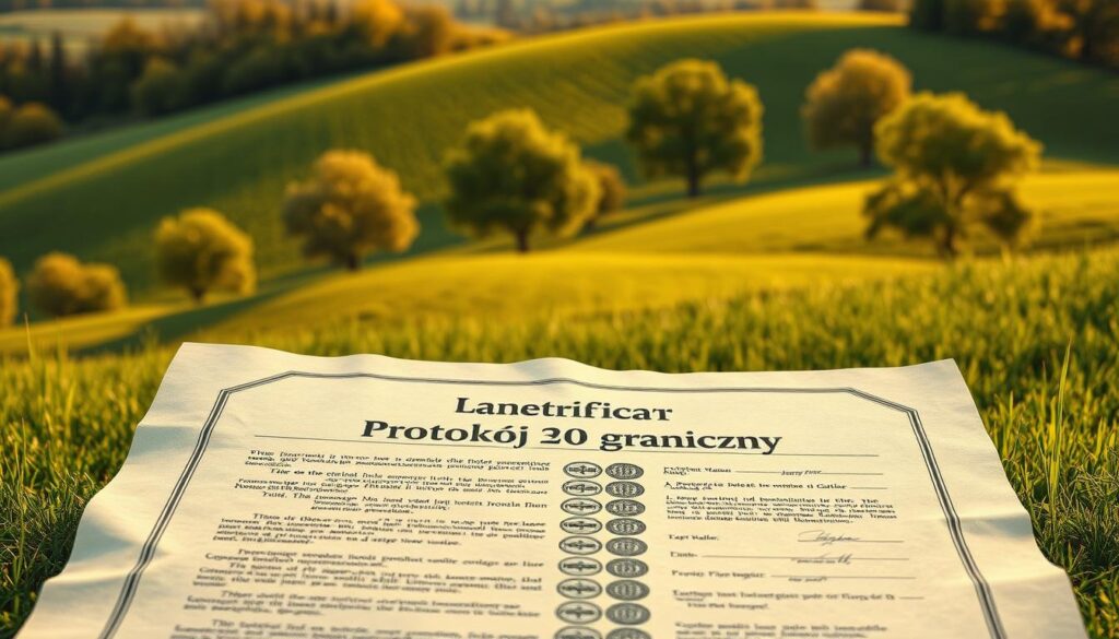 Protokół graniczny: a detailed rendering of an official land boundary document, set against a backdrop of a lush, verdant landscape. The parchment-like document fills the foreground, its text and seals rendered with photorealistic precision, conveying the formal, legal nature of this crucial real estate procedure. Behind it, a rolling hillside stretches into the distance, dotted with mature trees and bathed in warm, golden sunlight, evoking a sense of tranquility and the timeless rhythm of the natural world. The composition strikes a balance between the bureaucratic formality of the document and the serene, pastoral setting, reflecting the dual concerns of property boundaries and environmental context that define this important aspect of land ownership.