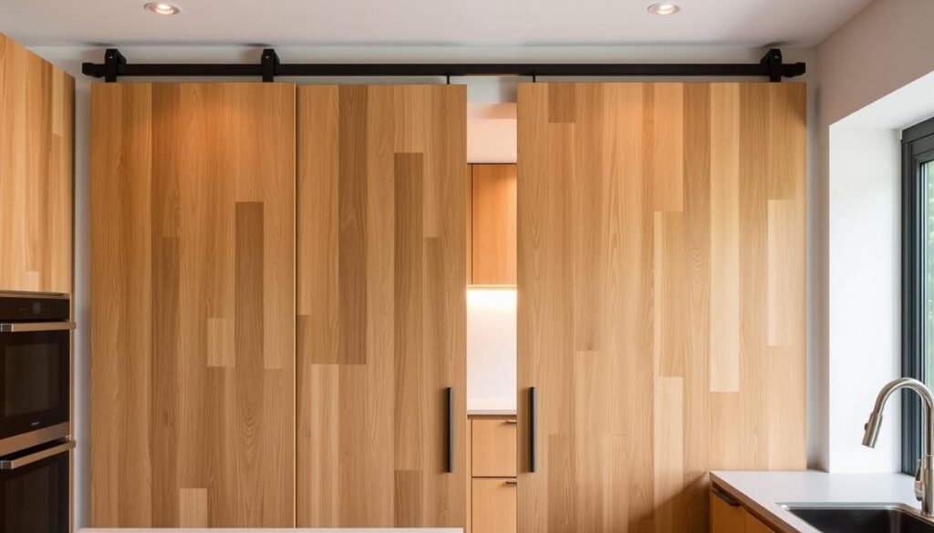 Sliding kitchen doors, crafted from sleek wood panels, glide effortlessly along a suspended rail system. The minimalist design blends seamlessly with the surrounding kitchen, creating a harmonious flow between spaces. Soft, warm lighting casts a gentle glow, accentuating the natural grain of the wood. The doors' clean lines and unobtrusive presence offer a practical and stylish alternative to traditional hinged options, seamlessly separating the kitchen while maintaining an open, airy feel. A high-quality, low-profile track system ensures smooth, silent operation, making these sliding doors a functional and aesthetically pleasing choice for modern kitchen design.