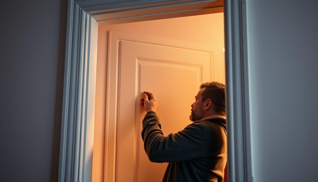Warm, cozy interior of a well-insulated doorway. A skilled technician carefully sealing the door frame with high-quality weatherstripping, ensuring a tight, energy-efficient seal. Soft, indirect lighting illuminates the scene, casting a warm, inviting glow. The door is made of sturdy, well-insulated materials, complemented by a sleek, modern design. The background features a clean, minimalist wall, allowing the focus to remain on the detailed installation process. Precise camera angle captures the intricate work, emphasizing the importance of proper door installation for optimal home insulation and comfort.