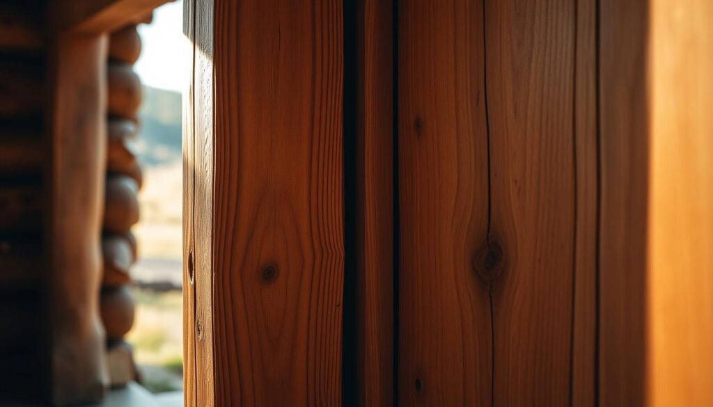 Wooden doors in a warm, rustic setting. Detailed, high-quality close-up of a natural wood grain texture, showcasing the intricate patterns and knots. Soft, diffused lighting from the side illuminates the door, casting gentle shadows that accentuate the depth and craftsmanship. The door is slightly ajar, hinting at the interior beyond. In the background, a blurred natural landscape, with earthy tones and hints of greenery, suggests a tranquil, countryside atmosphere. Composition emphasizes the materiality and workmanship of the door, conveying a sense of quality, durability, and traditional charm.