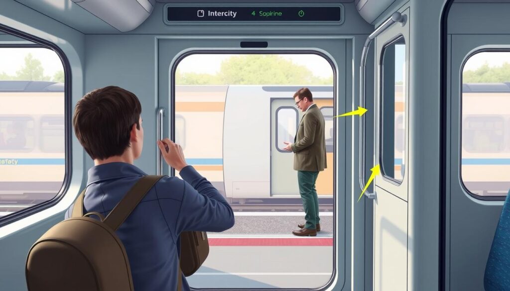 a detailed, photorealistic illustration of the step-by-step procedure for opening train doors, showcasing a passenger in the foreground carefully operating the door mechanism, with the interior of an Intercity train carriage visible in the middle ground and the exterior train platform visible in the background, all under bright, natural lighting from large windows, capturing the practical and informative nature of the subject matter