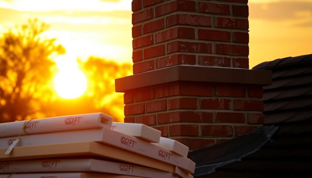 A brick chimney against a warm, golden sunset sky. The chimney's surface is weathered and textured, with visible mortar joints. In the foreground, the base of the chimney is surrounded by a pile of insulation materials, including rigid foam boards and rolls of insulation wrap. The lighting is soft and directional, creating shadows that accentuate the chimney's architectural details. The scene conveys a sense of a DIY home improvement project, with the insulation materials suggesting the process of improving the chimney's thermal efficiency.