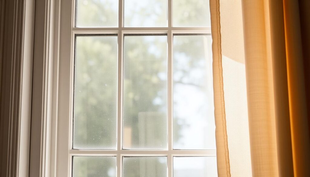 A bright, airy window frame filled with various methods for insulating glass panes. In the foreground, clear adhesive weather strips line the window edges, creating an effective seal. The middle ground showcases a selection of transparent window films, shimmering with a subtle prismatic effect to reduce heat transfer. In the background, a thermal curtain cascades, its rich fabric texture creating a sense of cozy insulation. Soft, warm lighting illuminates the scene, highlighting the practical yet elegant solutions for improving window energy efficiency.