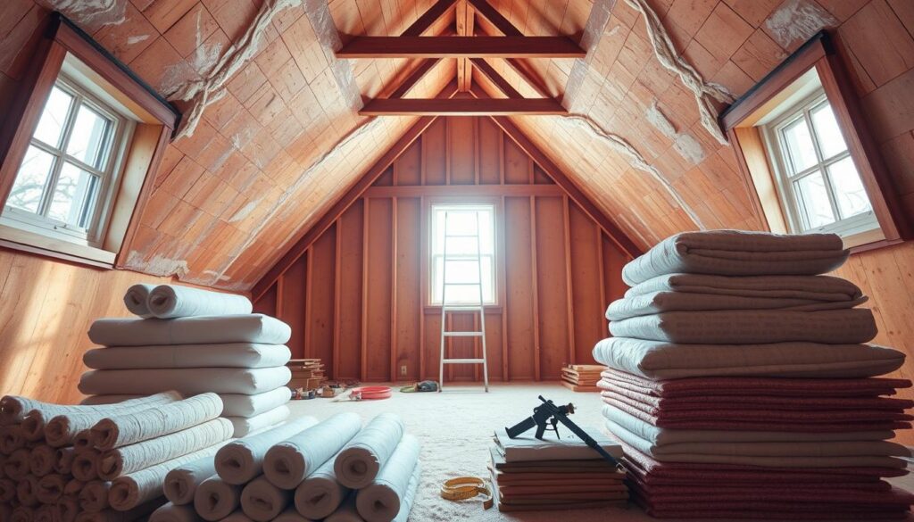 A bright, warm-toned attic space, illuminated by natural light filtering through large windows. In the foreground, stacks of insulation materials and tools - rolls of fiberglass, caulk guns, and measuring tapes - neatly arranged, ready for the upcoming insulation project. In the middle ground, a ladder leads up to the open attic hatch, hinting at the preparatory work to come. The background showcases the exposed wooden beams and rafters of the old home's structure, conveying a sense of the care and attention required to update the attic's thermal performance. An atmosphere of anticipation and purpose pervades the scene, setting the stage for the transformative insulation process.