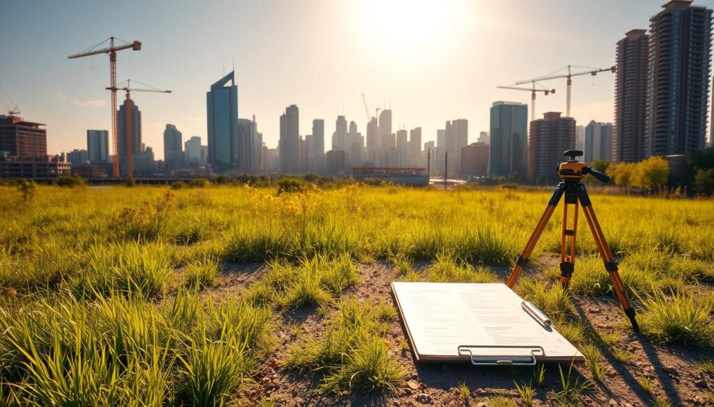 A bustling city skyline serves as the backdrop, with towering skyscrapers and cranes dotting the horizon. In the foreground, a sun-dappled plot of land lies vacant, its verdant grasses and wildflowers standing in stark contrast to the urban environment. A surveyor's tripod and a clipboard with official documents rest on the ground, hinting at the impending transition from rural to urban. The scene is illuminated by warm, golden light, casting long shadows and creating a sense of tranquility amidst the hustle and bustle. The overall atmosphere conveys the process of "odrolnienie działki w mieście" - the conversion of a rural plot of land into an urban development, capturing the intersection of nature and the built environment.