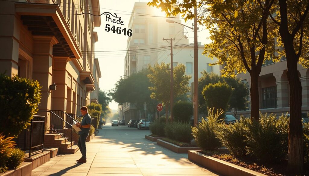 A bustling street scene with a focus on a residential building, its front entrance and surrounding landscape. Warm afternoon sunlight illuminates the scene, creating long shadows and highlighting architectural details. In the foreground, a person stands on the sidewalk, examining a map or document, their posture suggesting they are searching for something. In the middle ground, the building's address is prominently displayed, drawing the viewer's attention. The background features other buildings, trees, and street infrastructure, creating a sense of context and location. The overall atmosphere is one of exploration and discovery, inviting the viewer to imagine themselves in the scene, searching for the property's identifying number.