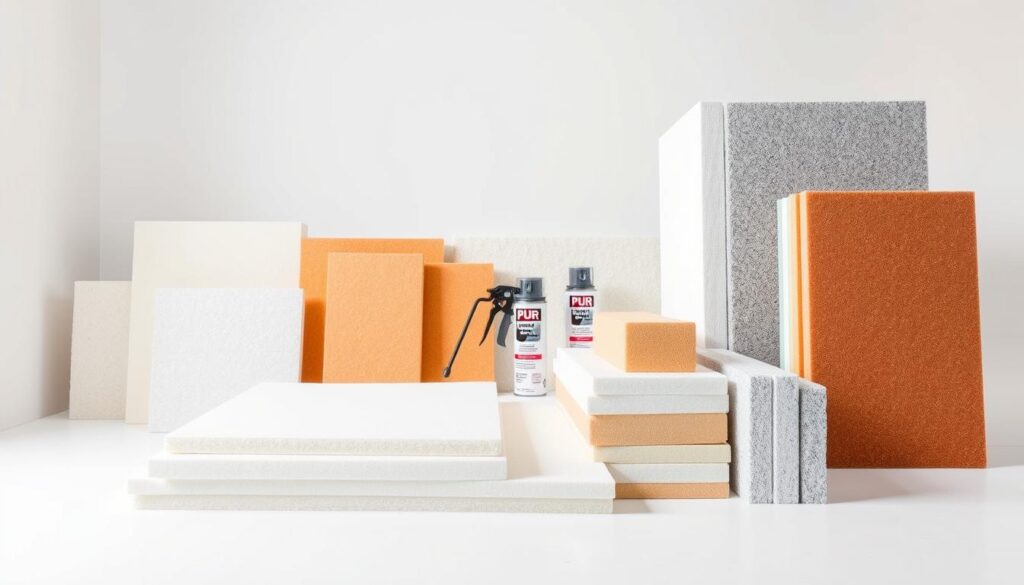A clean, well-lit studio setting showcasing an arrangement of various types of polyurethane (PUR) foam insulation products. In the foreground, a selection of PUR foam sheets and boards in different thicknesses, densities, and colors, arranged neatly to highlight their distinct characteristics. In the middle ground, a few PUR spray foam cans and applicator tools, demonstrating the versatility of this insulation method. The background features neutral-toned surfaces, allowing the PUR foam samples to take center stage. Crisp, evenly distributed lighting accentuates the textures and details of the materials, conveying a sense of professionalism and technical expertise. A clean, well-lit studio setting showcasing an arrangement of various types of polyurethane (PUR) foam insulation products. In the foreground, a selection of PUR foam sheets and boards in different thicknesses, densities, and colors, arranged neatly to highlight their distinct characteristics. In the middle ground, a few PUR spray foam cans and applicator tools, demonstrating the versatility of this insulation method. The background features neutral-toned surfaces, allowing the PUR foam samples to take center stage. Crisp, evenly distributed lighting accentuates the textures and details of the materials, conveying a sense of professionalism and technical expertise.
