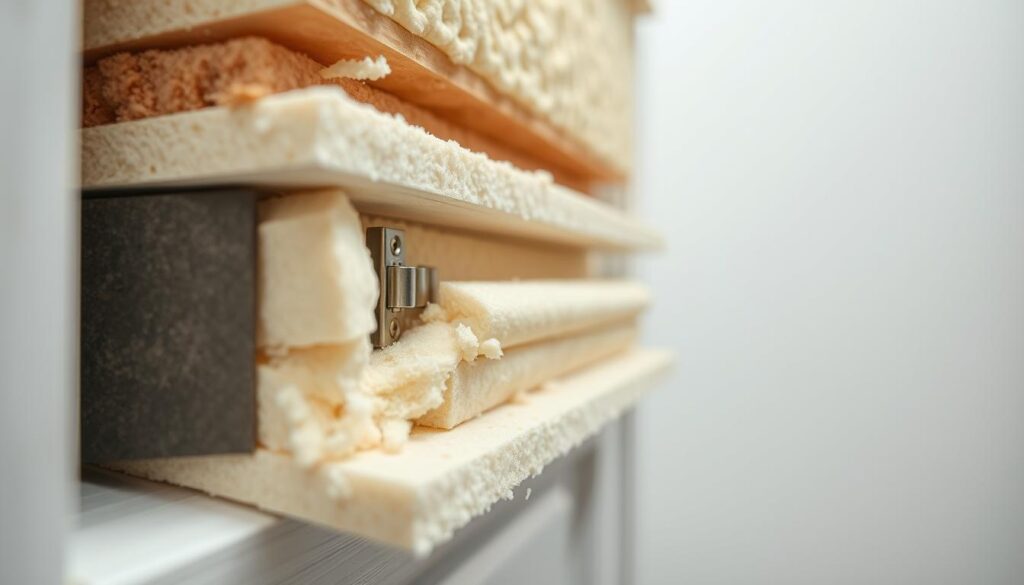 A close-up view of the internal structure of a residential door, showcasing various insulation techniques. The foreground highlights different insulation materials like foam, fiberglass, or cellulose, arranged in an organized, cross-sectional layout. The middle ground depicts the door frame, hinges, and weatherstripping, demonstrating how these elements contribute to thermal efficiency. The background softly blurs, creating a focus on the technical details of the insulation system. The lighting is subtle and even, emphasizing the textures and materials without creating harsh shadows. The overall mood is one of informative clarity, inviting the viewer to explore the intricacies of improving a door's thermal performance.