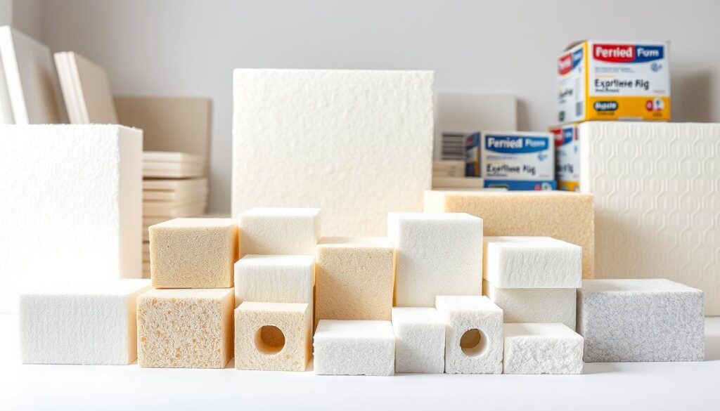 A collection of various types of polystyrene foam insulation materials, arranged in a well-lit, clean, and organized studio setting. The foreground features several rectangular blocks of expanded and extruded polystyrene foam in different colors and textures, demonstrating their distinct properties. The middle ground showcases cross-sections and cut samples, highlighting the internal structure and density differences. In the background, additional insulation panels and product packaging create a sense of context and completeness. The overall composition conveys a technical, educational, and informative atmosphere suitable for illustrating the different varieties of polystyrene insulation for home construction. A collection of various types of polystyrene foam insulation materials, arranged in a well-lit, clean, and organized studio setting. The foreground features several rectangular blocks of expanded and extruded polystyrene foam in different colors and textures, demonstrating their distinct properties. The middle ground showcases cross-sections and cut samples, highlighting the internal structure and density differences. In the background, additional insulation panels and product packaging create a sense of context and completeness. The overall composition conveys a technical, educational, and informative atmosphere suitable for illustrating the different varieties of polystyrene insulation for home construction.