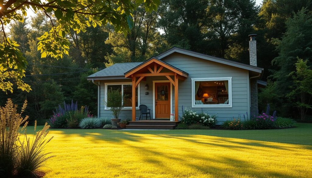 A compact, energy-efficient single-story house nestled amidst lush greenery. The front facade features a simple, clean design with large windows that flood the interiors with natural light. A small porch leads to the main entrance, framed by a wooden archway. The roof has a gentle slope, blending harmoniously with the surrounding landscape. In the foreground, a well-manicured lawn dotted with vibrant flowers and shrubs creates a welcoming atmosphere. Warm, golden sunlight filters through the trees, casting soft shadows across the scene. The overall impression is one of tranquility, comfort, and sustainable living in a compact, thoughtfully designed home.