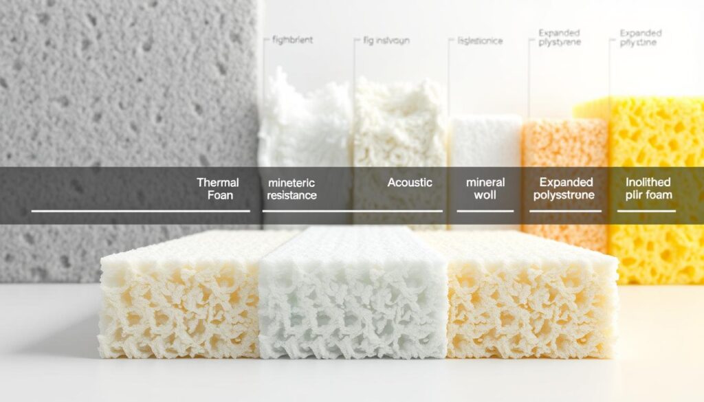A comprehensive side-by-side comparison of polyurethane (PUR) insulation foam against other common insulation materials. Showcased in a detailed, technical illustration with crisp lighting and high-resolution textures. Foam samples in the foreground highlight the unique cellular structure, with a middle ground displaying their thermal, acoustic, and moisture-resistance properties. In the background, a spectrum of insulation types including fiberglass, mineral wool, and expanded polystyrene, allowing viewers to visually assess the relative performance and suitability of PUR foam. The image conveys a sense of scientific objectivity, guiding the viewer to make an informed decision about the optimal insulation solution. A comprehensive side-by-side comparison of polyurethane (PUR) insulation foam against other common insulation materials. Showcased in a detailed, technical illustration with crisp lighting and high-resolution textures. Foam samples in the foreground highlight the unique cellular structure, with a middle ground displaying their thermal, acoustic, and moisture-resistance properties. In the background, a spectrum of insulation types including fiberglass, mineral wool, and expanded polystyrene, allowing viewers to visually assess the relative performance and suitability of PUR foam. The image conveys a sense of scientific objectivity, guiding the viewer to make an informed decision about the optimal insulation solution.