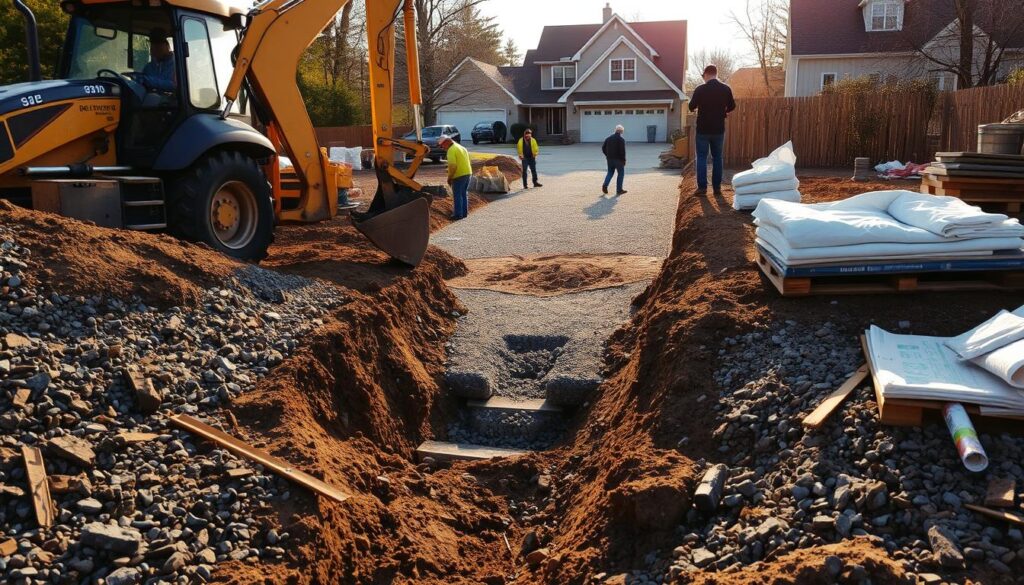 A construction site for a driveway entrance, with heavy machinery and workers actively engaged in the process. The foreground features a backhoe digging a trench, surrounded by piles of gravel, sand, and construction materials. In the middle ground, workers are laying down gravel and preparing the foundation. The background depicts the residential property, with a partially obscured house and a clear view of the entrance area being developed. The scene is illuminated by warm, natural lighting, casting soft shadows and creating a sense of progress and productivity. The overall mood conveys the active and necessary steps involved in constructing a driveway entrance for a property.