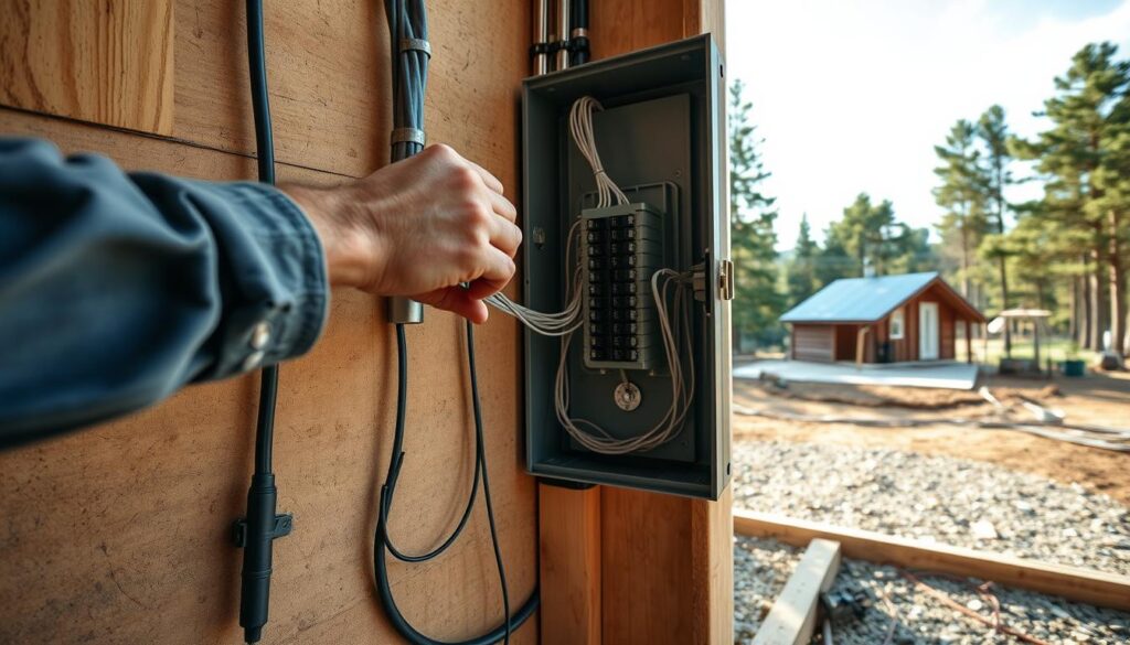 A construction site on a recreational plot, with a worker examining an electrical panel and connecting wires. The foreground shows the worker's hands carefully guiding the wires into the panel, while the middle ground reveals the plot's infrastructure, including a small cabin and landscaping. The background features a serene, natural setting with trees and a clear sky, conveying a sense of tranquility and the integration of the modern electrical system with the outdoor environment. The lighting is soft and natural, creating a warm, inviting atmosphere. The camera angle is slightly elevated, providing a comprehensive view of the scene and emphasizing the importance of the first steps in the electrical connection process. A construction site on a recreational plot, with a worker examining an electrical panel and connecting wires. The foreground shows the worker's hands carefully guiding the wires into the panel, while the middle ground reveals the plot's infrastructure, including a small cabin and landscaping. The background features a serene, natural setting with trees and a clear sky, conveying a sense of tranquility and the integration of the modern electrical system with the outdoor environment. The lighting is soft and natural, creating a warm, inviting atmosphere. The camera angle is slightly elevated, providing a comprehensive view of the scene and emphasizing the importance of the first steps in the electrical connection process.