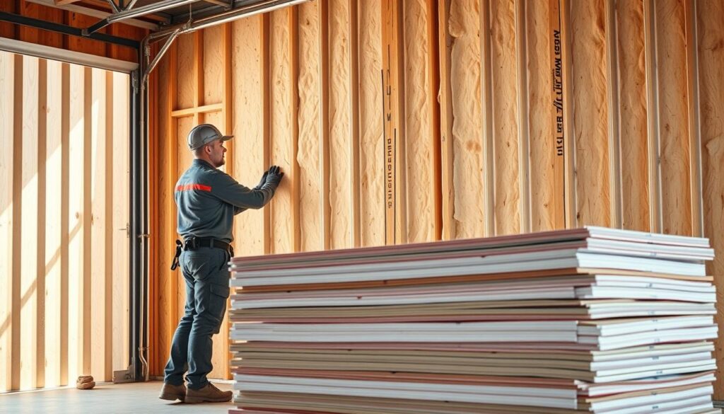 A construction worker carefully insulating the walls of a metal garage, using high-quality thermal insulation panels. The scene is well-lit, with soft natural light filtering through the garage door, casting warm shadows on the worker's diligent movements. The insulation material is neatly stacked in the foreground, ready to be carefully measured and cut to fit the unique dimensions of the garage interior. In the background, the bare metal frame of the structure is visible, highlighting the importance of this meticulous insulation process for achieving maximum thermal efficiency and energy savings.