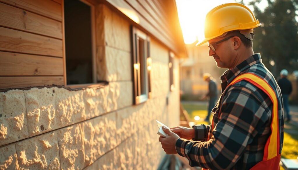 A construction worker in a bright yellow hard hat diligently working on the exterior insulation of a cozy residential home. The scene is bathed in warm, golden sunlight, casting long shadows across the worksite. In the foreground, the worker carefully applies adhesive to the foam panels, methodically building up the insulation layer. The middle ground shows the partially completed wall, the textures of the materials clearly visible. In the background, other workers can be seen going about their tasks, a hum of activity filling the air. The atmosphere conveys a sense of skilled, efficient labor, the cost of which is a crucial consideration in any home improvement project. A construction worker in a bright yellow hard hat diligently working on the exterior insulation of a cozy residential home. The scene is bathed in warm, golden sunlight, casting long shadows across the worksite. In the foreground, the worker carefully applies adhesive to the foam panels, methodically building up the insulation layer. The middle ground shows the partially completed wall, the textures of the materials clearly visible. In the background, other workers can be seen going about their tasks, a hum of activity filling the air. The atmosphere conveys a sense of skilled, efficient labor, the cost of which is a crucial consideration in any home improvement project.