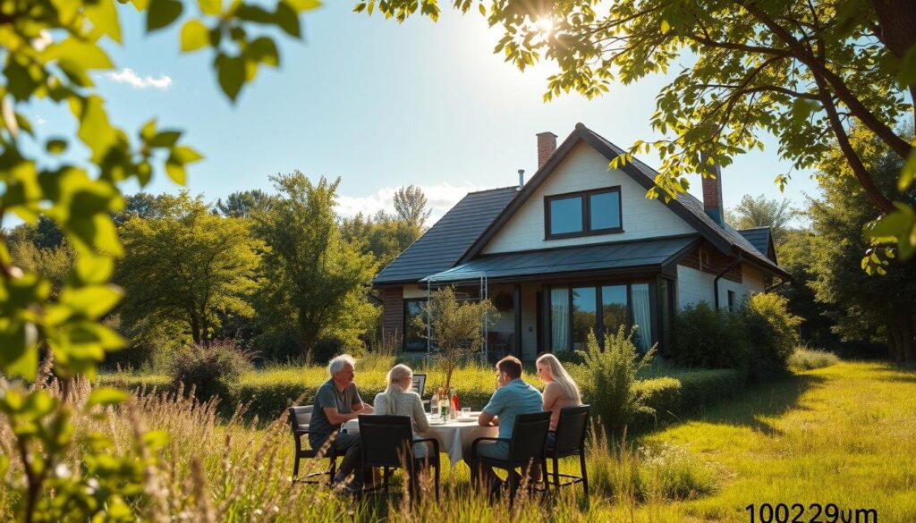 A cozy 100m2 house nestled in a serene countryside landscape, with lush green foliage and a clear blue sky overhead. The home's exterior walls are partially obscured by thick insulation panels, indicating an ongoing energy-efficiency renovation project. Sunlight filters through the windows, casting a warm glow across the scene. In the foreground, a family gathers around a table, discussing the cost-saving benefits of the home insulation upgrade. The mood is contemplative, highlighting the importance of making sustainable choices for both the environment and household finances. A cozy 100m2 house nestled in a serene countryside landscape, with lush green foliage and a clear blue sky overhead. The home's exterior walls are partially obscured by thick insulation panels, indicating an ongoing energy-efficiency renovation project. Sunlight filters through the windows, casting a warm glow across the scene. In the foreground, a family gathers around a table, discussing the cost-saving benefits of the home insulation upgrade. The mood is contemplative, highlighting the importance of making sustainable choices for both the environment and household finances.
