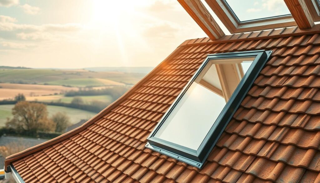 A cozy Dutch cottage nestled amidst rolling hills, its roof adorned with a layer of warm insulation. The attic space is bathed in natural light, with sunbeams filtering through the carefully installed skylights. Textured tiles in earthy tones blend seamlessly with the weathered wood of the eaves, creating a harmonious visual balance. Durable, high-quality roofing materials cover the structure, ensuring efficient thermal regulation and protection from the elements. The overall scene conveys a sense of comfort, energy efficiency, and respect for traditional architectural styles, perfectly capturing the essence of "izolacja dachu" for a year-round livable Dutch country home.
