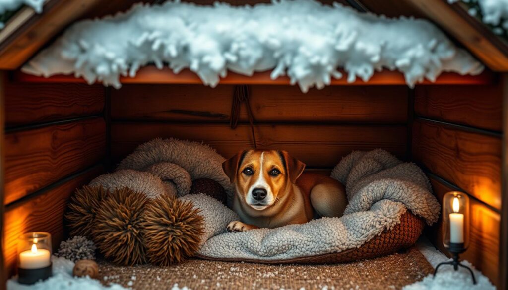 A cozy and inviting dog house with soft, insulating materials lining the interior. The exterior is made of warm, weathered wood, providing a rustic and natural aesthetic. Subtle lighting from small lamps or candles casts a gentle glow, creating a sense of comfort and security. The scene is set against a backdrop of a snowy winter landscape, emphasizing the importance of keeping the dog's home well-insulated and protected from the elements. The overall composition conveys a sense of coziness, practicality, and concern for the dog's wellbeing during the cold season.