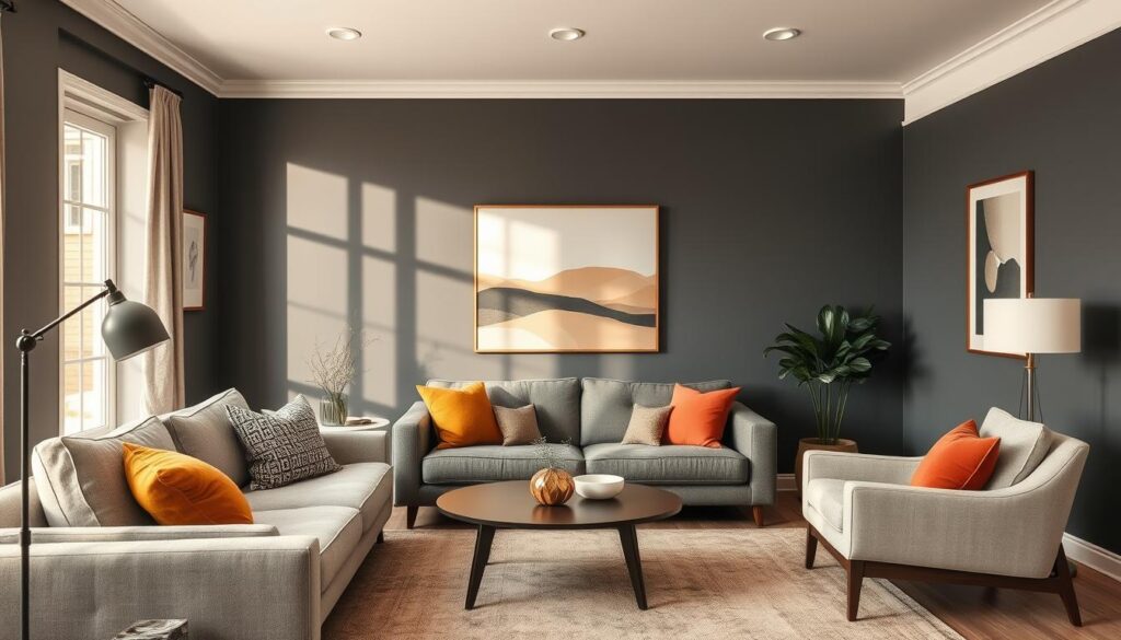 A cozy and inviting gray living room, bathed in warm, natural light. The walls are a sophisticated charcoal, complemented by plush, neutral-toned furnishings, including a soft, textured sofa and armchair. Vibrant pops of color accent the space, with throw pillows in rich mustard, deep ochre, and earthy terracotta hues. A mid-century modern coffee table grounds the arrangement, while a sculptural floor lamp casts a gentle glow. Framed artwork in muted tones hangs on the walls, creating a harmonious, serene atmosphere. The overall palette evokes a sense of comfort and sophistication, perfect for a relaxing retreat.