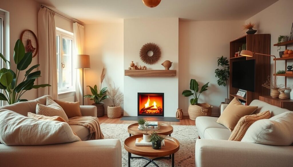 A cozy and inviting living room interior, with warm lighting and plush textures creating a sense of comfort and coziness. Soft, earthy-toned fabrics and wood accents adorn the space, complemented by the gentle glow of a fireplace in the background. The room is designed to feel like a peaceful haven, with thoughtfully placed plants and soft, natural elements that contribute to a harmonious and enveloping atmosphere. The camera captures the room from a slightly elevated angle, providing a comprehensive view of the carefully curated details that make this space an ideal example of effective interior insulation and heat retention.