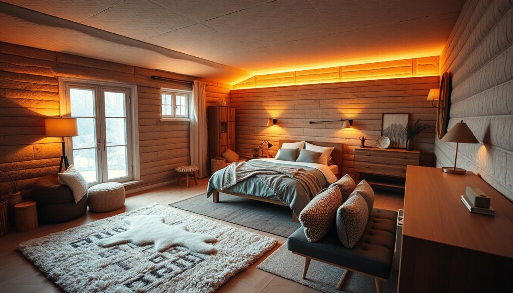 A cozy and well-insulated bedroom interior with warm, soft lighting illuminating the space. The walls are lined with thick, textured insulation panels, adding a layer of thermal protection while maintaining a minimalist and modern aesthetic. Plush area rugs, cozy throws, and pillows in earthy tones create a inviting, hygge-inspired atmosphere. Large, energy-efficient windows allow natural light to filter in, complemented by strategically placed lamps and sconces. The room is furnished with clean-lined, wooden furniture pieces, including a bed, dresser, and nightstands, all contributing to the overall sense of comfort and coziness. The overall impression is of a space that is both visually appealing and effectively insulated from the cold, creating a warm and welcoming environment.