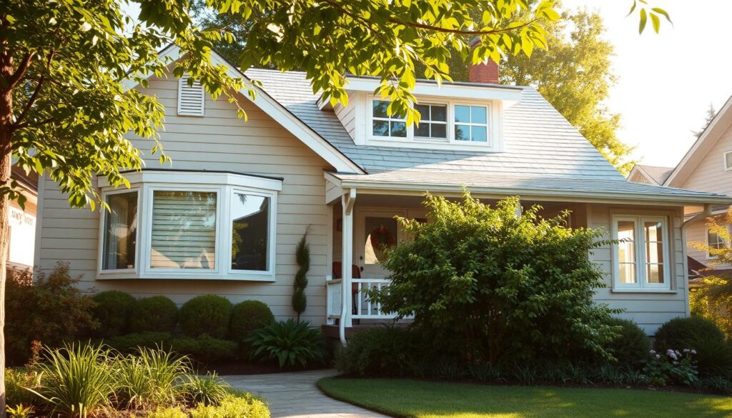 A cozy and well-insulated home on a sunny day, with a warm, inviting atmosphere. The exterior features modern, energy-efficient windows, a newly installed roof with high-quality insulation, and freshly painted walls. Lush greenery and a manicured garden surround the home, creating a harmonious blend of nature and architecture. The scene is bathed in soft, diffused lighting, lending a sense of tranquility and comfort. The overall impression conveys a sense of efficiency, sustainability, and a commitment to creating a comfortable, eco-friendly living space.