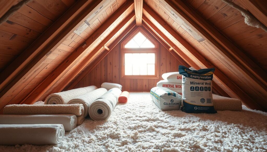 A cozy and well-insulated wooden attic space, with various materials for thermal insulation neatly arranged in the foreground. The mid-ground showcases different types of insulation, including rolls of fiberglass, batts of mineral wool, and bags of cellulose. In the background, a warm, natural lighting filters in through a large window, casting a soft glow over the scene. The overall mood is one of efficiency and attention to detail, reflecting the importance of proper attic insulation for a comfortable and energy-efficient home.