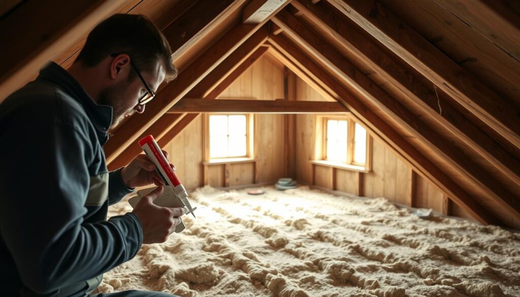 A cozy attic being insulated step-by-step. In the foreground, a worker carefully sealing gaps and cracks with caulk, ensuring a tight, weatherproof seal. In the middle ground, insulation batts are meticulously installed between the wooden beams, creating an effective thermal barrier. The background reveals the attic's interior, with sunlight filtering through the windows, illuminating the dusty, rustic space. The lighting is soft and diffused, conveying a sense of tranquility and diligence. The overall mood is one of productive, detailed work, aimed at making the attic energy-efficient and comfortable for the home's occupants.