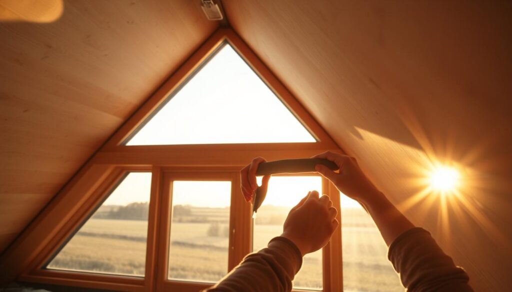 A cozy attic interior with a large sloped skylight window, the sun's rays streaming in through the glass. Soft, warm lighting illuminates the space, highlighting the wooden beams and exposed insulation. In the foreground, a pair of hands carefully insulating the window frame, using specialized foam weatherstripping to seal any gaps and prevent heat loss. The background features a tranquil, rural landscape visible through the window, creating a harmonious blend of indoor and outdoor elements. The overall scene conveys a sense of comfort, energy efficiency, and practical DIY home improvement.