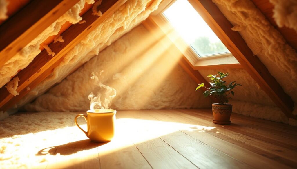 A cozy attic space bathed in warm, natural light streaming through a large skylight. Wisps of steam rise from a mug of steaming tea, radiating a sense of comfort and coziness. The walls are insulated with plush, ivory-colored fiberglass insulation, its soft texture visible. Sunbeams dance across the wooden beams and floorboards, creating a serene, inviting atmosphere. In the corner, a potted plant thrives, symbolizing the benefits of proper insulation - a harmonious blend of form and function. The overall scene conveys the advantages of insulating an attic, with a focus on the aesthetics and comfort it can bring to a living space.