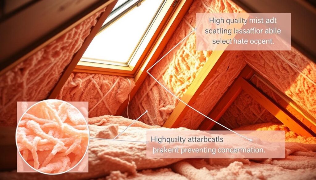 A cozy attic space with a large skylight window, illuminated by warm, natural lighting. The window frame is surrounded by expertly installed insulation, effectively sealing drafts and preventing heat loss. Detailed close-up views showcase the high-quality materials and careful installation techniques, ensuring optimal thermal efficiency and preventing condensation. The overall scene conveys a sense of comfort, energy-efficiency, and a well-designed home environment.