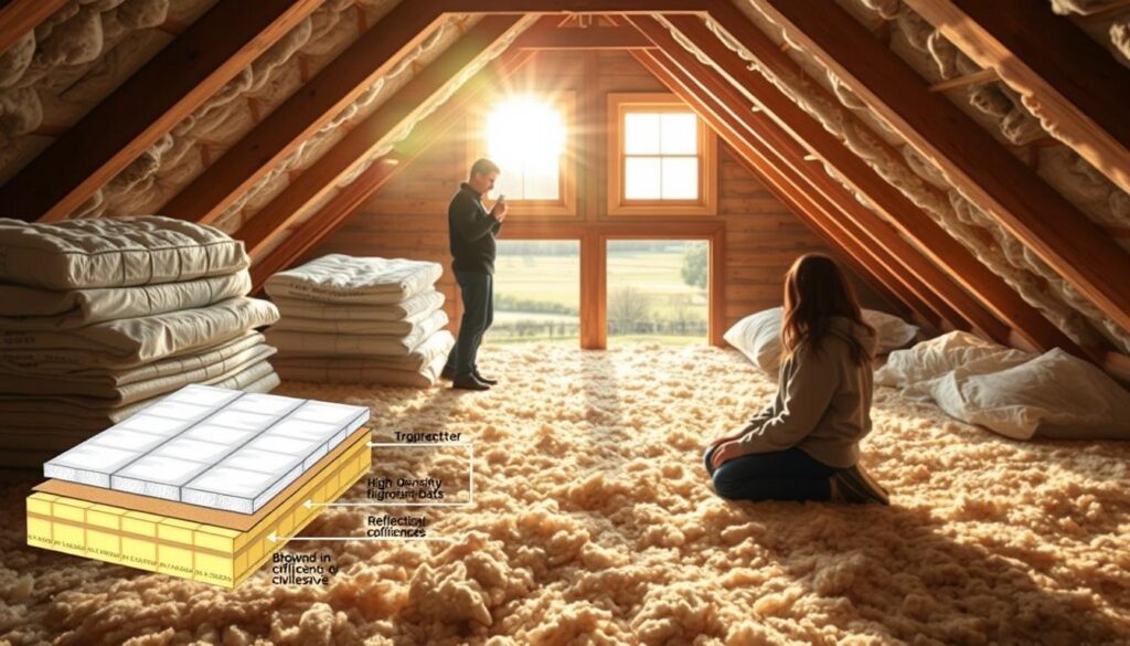 A cozy attic space with sunlight streaming through the windows, illuminating a mix of traditional and modern insulation materials neatly stacked and arranged. In the foreground, a detailed diagram showcases the various layers of insulation, including high-density fiberglass batts, reflective foil panels, and blown-in cellulose. In the middle ground, a homeowner examines the materials, considering the cost and efficiency tradeoffs. The background depicts a serene, rural landscape, hinting at the energy-saving benefits of a well-insulated attic. The overall atmosphere conveys a sense of informed decision-making and environmental consciousness.