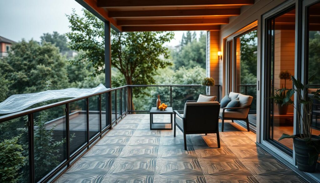 A cozy balcony with a warm, inviting atmosphere. A foreground of high-quality insulation panels, meticulously installed to prevent heat loss and condensation. In the middle ground, sleek, modern outdoor furniture arranged for comfort and relaxation. The background features lush greenery, casting a soft, natural ambiance. The lighting is subtle, creating a gentle, glowing effect that enhances the overall coziness. The camera angle is slightly elevated, capturing the balcony in its entirety, showcasing the attention to detail and the effectiveness of the insulation solution.