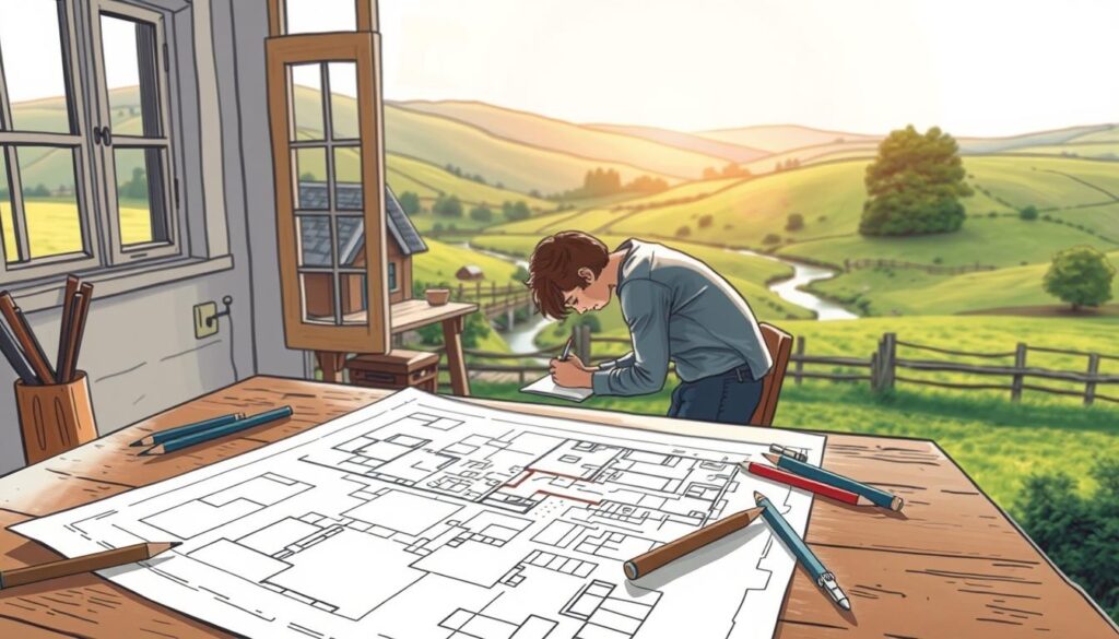 A cozy, hand-drawn style scene depicting the planning stage of building a small, rustic cottage on a picturesque countryside plot. In the foreground, an architect's blueprint is laid out on a wooden table, surrounded by pencils, a compass, and other planning tools. In the middle ground, a person is hunched over the plans, intently sketching ideas. The background shows a lush, verdant landscape with rolling hills, a winding stream, and a few scattered trees. Soft, natural lighting filters in through a nearby window, casting a warm, inviting glow over the scene. The overall mood is one of thoughtful, focused planning in a tranquil, pastoral setting.