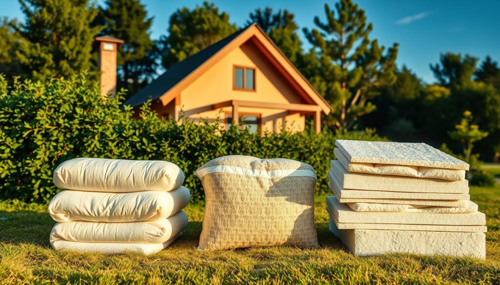 A cozy home nestled among lush greenery, with various materials for home insulation neatly arranged in the foreground. The scene is illuminated by warm, natural lighting, casting a soft, inviting glow. In the middle ground, a variety of insulation options are displayed, including rolls of fiberglass, bags of cellulose, and sheets of rigid foam. The background features a serene landscape, with trees and a clear blue sky. The overall composition conveys a sense of eco-friendly, sustainable home improvement, perfect for illustrating the "Materiały do ocieplenia domu" section of the article. A cozy home nestled among lush greenery, with various materials for home insulation neatly arranged in the foreground. The scene is illuminated by warm, natural lighting, casting a soft, inviting glow. In the middle ground, a variety of insulation options are displayed, including rolls of fiberglass, bags of cellulose, and sheets of rigid foam. The background features a serene landscape, with trees and a clear blue sky. The overall composition conveys a sense of eco-friendly, sustainable home improvement, perfect for illustrating the "Materiały do ocieplenia domu" section of the article.
