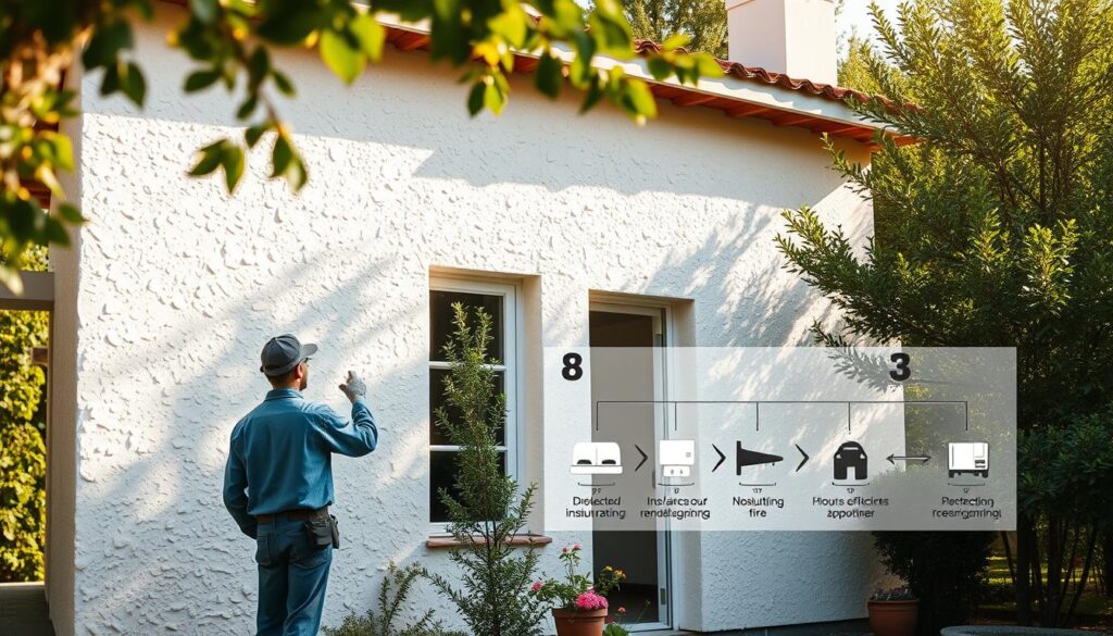 A cozy home surrounded by lush greenery, the exterior walls adorned with a fresh, textured off-white stucco finish. The sun's warm rays cast gentle shadows, highlighting the intricate patterns and contours of the expertly applied plaster. In the foreground, a skilled contractor examines the home's insulation, ensuring optimal energy efficiency. In the background, a detailed diagram outlines the step-by-step process of insulating and rendering the walls, providing valuable insights for homeowners. The overall scene conveys a sense of professional expertise, attention to detail, and a commitment to creating a comfortable, well-protected living space.