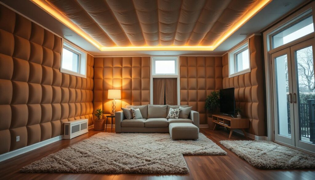 A cozy interior scene with a well-insulated living room in a residential apartment. Soft, warm lighting emanates from recessed ceiling fixtures, casting a golden glow over the space. The walls are lined with thick, thermal-resistant insulation panels in a muted, earthy color palette. Plush, textured rugs cover the hardwood floors, adding to the sense of comfort and warmth. Strategically placed windows allow natural light to filter in, complementing the artificial lighting. The overall atmosphere is inviting, energy-efficient, and reflective of effective methods for insulating a home from the inside. A cozy interior scene with a well-insulated living room in a residential apartment. Soft, warm lighting emanates from recessed ceiling fixtures, casting a golden glow over the space. The walls are lined with thick, thermal-resistant insulation panels in a muted, earthy color palette. Plush, textured rugs cover the hardwood floors, adding to the sense of comfort and warmth. Strategically placed windows allow natural light to filter in, complementing the artificial lighting. The overall atmosphere is inviting, energy-efficient, and reflective of effective methods for insulating a home from the inside.